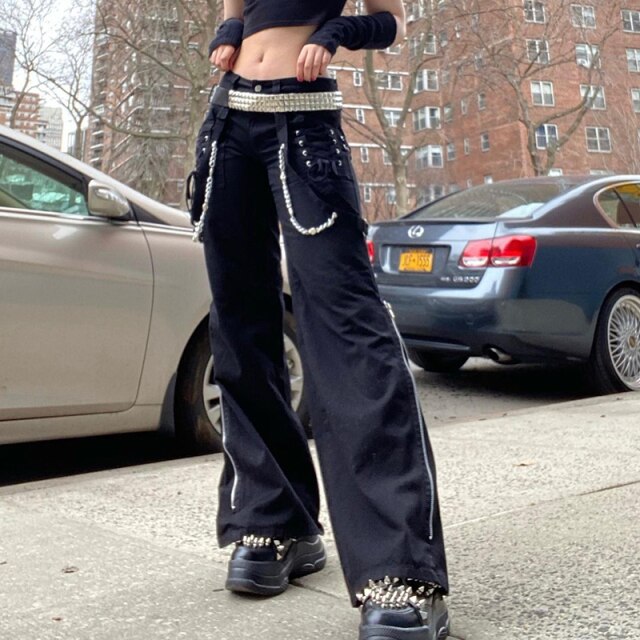 Cargo Pants Women Dark Academic Techwear Cross Tie Up Low Waist Punk Style Wide Leg Pants