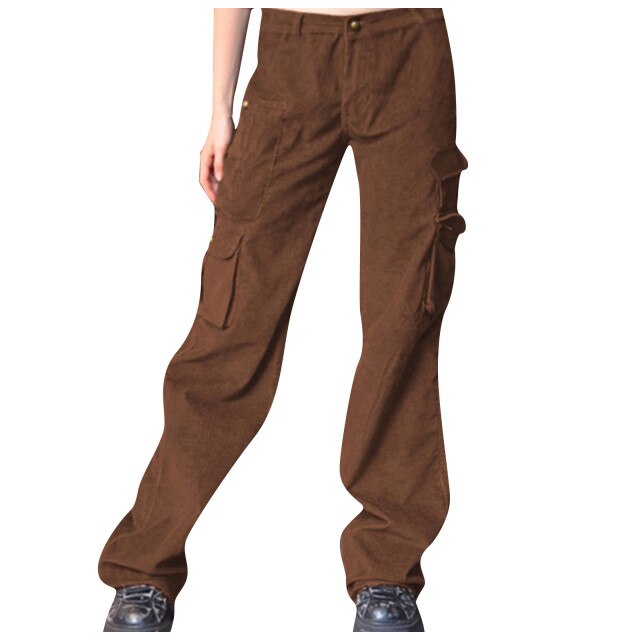 Fashion Women Street Hot Girl Brown Trousers Corduroy Pocket Tooling Casual Trousers New Hot Sale
