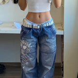 Women Y2K Print Autumn Low Waist Long Trousers Casual Denim Pants