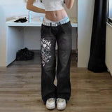 Women Y2K Print Autumn Low Waist Long Trousers Casual Denim Pants