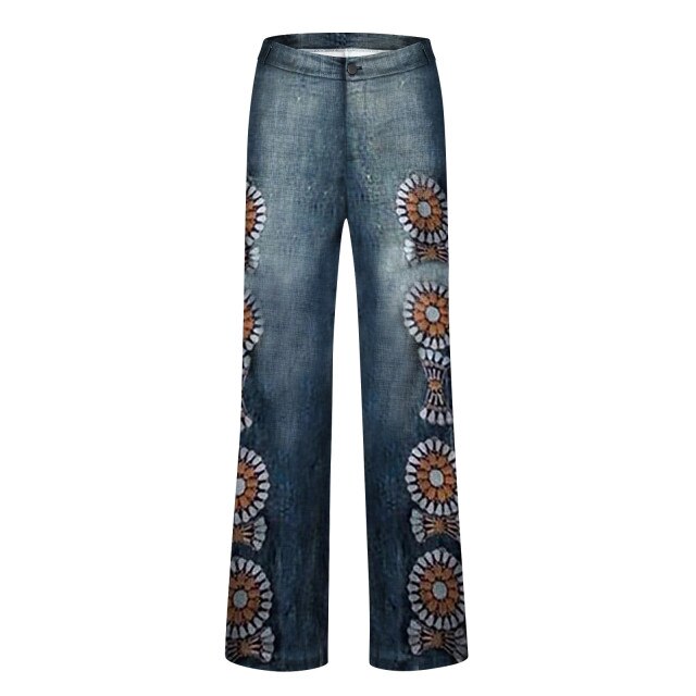 Woman Stripe Flower Printed Skinny Trousers Casual Pants