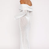 Made It Out Long Sleeve Boucle Maxi Dress White