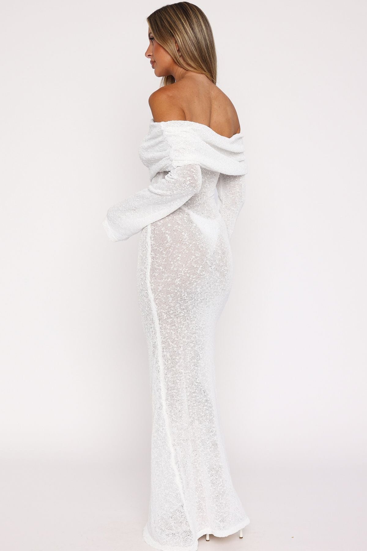 Made It Out Long Sleeve Boucle Maxi Dress White