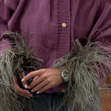 Purple Cropped Fuzzy Cuff Paneled Sweater