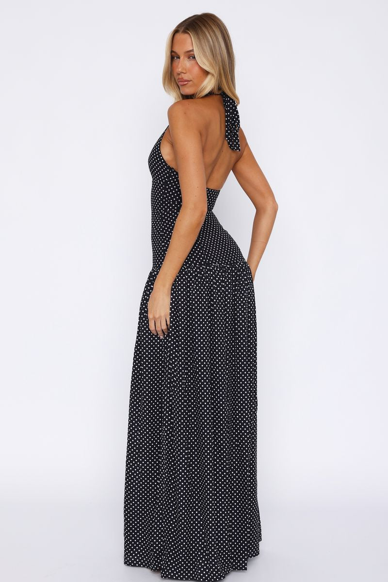 Sweet Temptation Halter Maxi Dress Black/ White Polka Dot