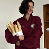Relaxed Fleece-Lined Half-Zip Stand Collar Convertible Sweatshirt