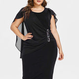 Clearance Rhinestone Ruched Embellished Capelet Dress O-Neck Sleeveless