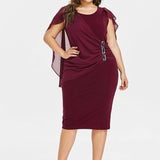 Clearance Rhinestone Ruched Embellished Capelet Dress O-Neck Sleeveless