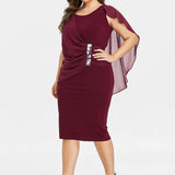 Clearance Rhinestone Ruched Embellished Capelet Dress O-Neck Sleeveless