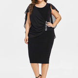 Clearance Rhinestone Ruched Embellished Capelet Dress O-Neck Sleeveless