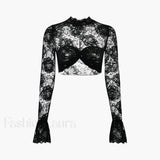 Rose Lace Mesh Trendy Mock Neck Crop Top
