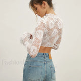 Rose Lace Mesh Trendy Mock Neck Crop Top