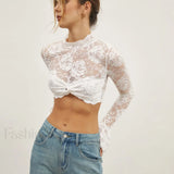 Rose Lace Mesh Trendy Mock Neck Crop Top