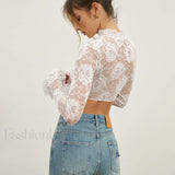 Rose Lace Mesh Trendy Mock Neck Crop Top