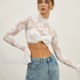 Rose Lace Mesh Trendy Mock Neck Crop Top