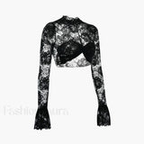 Rose Lace Mesh Trendy Mock Neck Crop Top