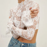 Rose Lace Mesh Trendy Mock Neck Crop Top