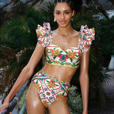 Ruffle Shoulder Print Vacation Two Piece Set
