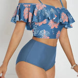 Ruffle Strap Floral Print Backless Two Piece Set