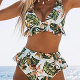 Ruffle Triangle Lace Up Leaf Two Piece Set