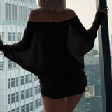 Sexy Solid Color Batwing Off-the-Shoulder Long Sleeve Blouse