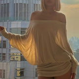 Sexy Solid Color Batwing Off-the-Shoulder Long Sleeve Blouse