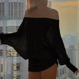 Sexy Solid Color Batwing Off-the-Shoulder Long Sleeve Blouse
