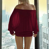 Sexy Solid Color Batwing Off-the-Shoulder Long Sleeve Blouse