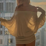 Sexy Solid Color Batwing Off-the-Shoulder Long Sleeve Blouse