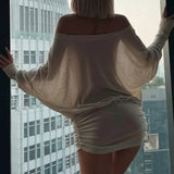 Sexy Solid Color Batwing Off-the-Shoulder Long Sleeve Blouse