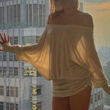 Sexy Solid Color Batwing Off-the-Shoulder Long Sleeve Blouse