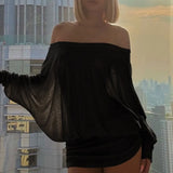 Sexy Solid Color Batwing Off-the-Shoulder Long Sleeve Blouse