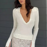 Slim Polo Neck Solid Minimalist Long Sleeve Tee