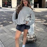 Solid 3D Chunky Cable Argyle Crewneck Loose Sweater