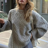 Solid 3D Chunky Cable Argyle Crewneck Loose Sweater