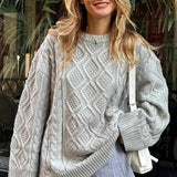 Solid 3D Chunky Cable Argyle Crewneck Loose Sweater