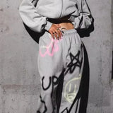 solid color hoodie Colorful Graffiti Letter Casual Pants Two Piece Set