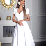 Solid Color V-neck Short-Sleeve Single-Row Button High-Waist Dress
