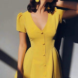 Solid Color V-neck Short-Sleeve Single-Row Button High-Waist Dress