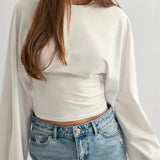 Solid Crew Neck Wide Sleeve Waist Cinched Long Sleeve Tee