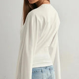 Solid Crew Neck Wide Sleeve Waist Cinched Long Sleeve Tee