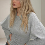 Solid Crew Neck Wide Sleeve Waist Cinched Long Sleeve Tee