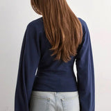 Solid Crew Neck Wide Sleeve Waist Cinched Long Sleeve Tee