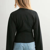 Solid Crew Neck Wide Sleeve Waist Cinched Long Sleeve Tee