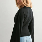 Solid Crew Neck Wide Sleeve Waist Cinched Long Sleeve Tee