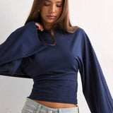 Solid Crew Neck Wide Sleeve Waist Cinched Long Sleeve Tee