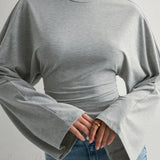 Solid Crew Neck Wide Sleeve Waist Cinched Long Sleeve Tee