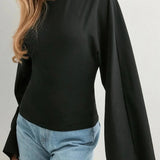 Solid Crew Neck Wide Sleeve Waist Cinched Long Sleeve Tee