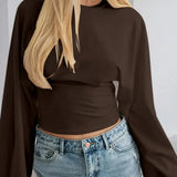 Solid Crew Neck Wide Sleeve Waist Cinched Long Sleeve Tee