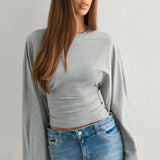 Solid Crew Neck Wide Sleeve Waist Cinched Long Sleeve Tee